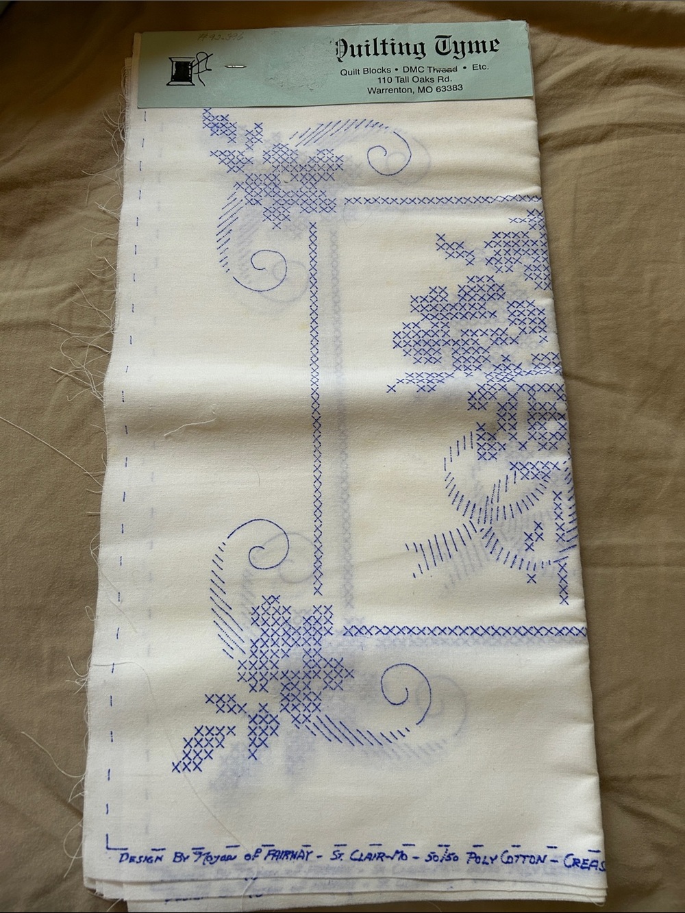 Quilting Tyme Embroidery Panel - Blue Floral Cross Stitch on Cream - Picture 1 of 5